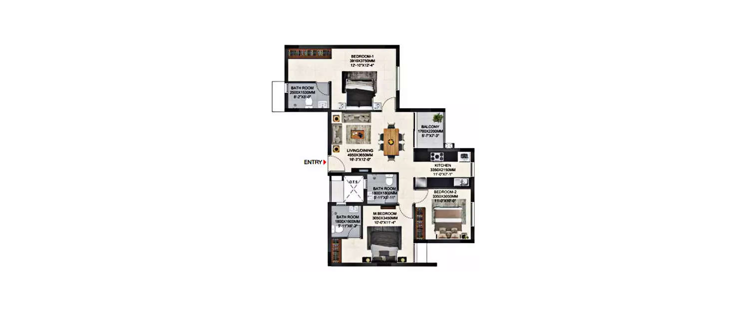 Floor plan for 3 BHK