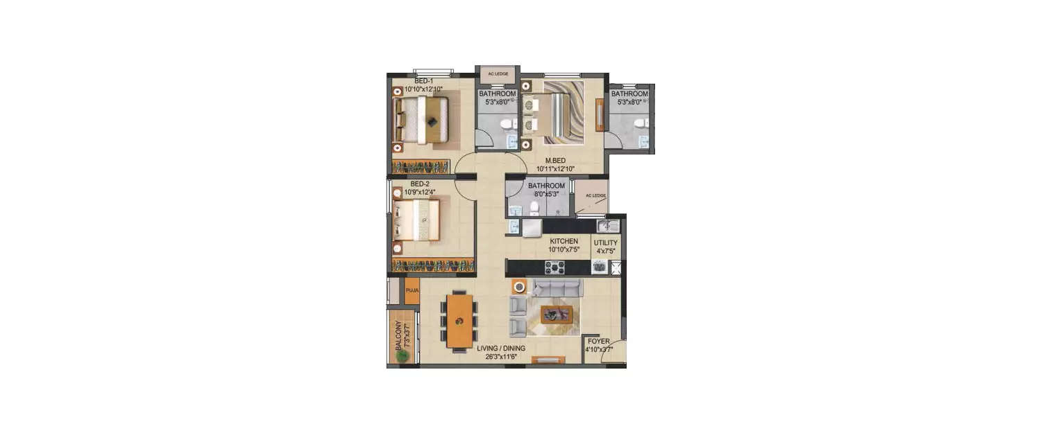 Floor plan for 3 BHK
