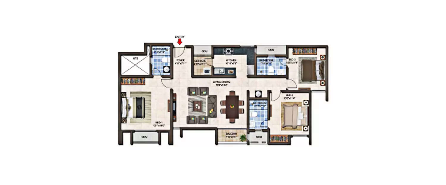 Floor plan for 3 BHK
