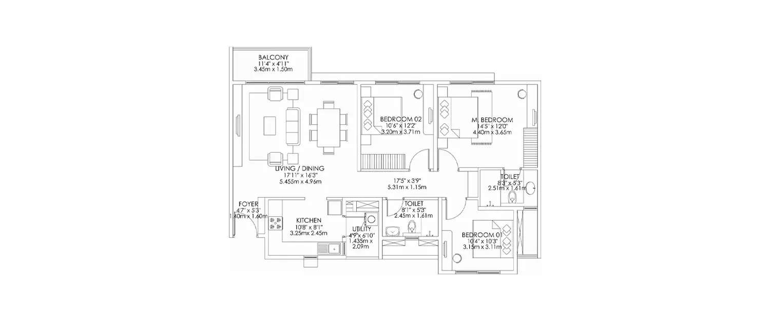 Floor plan for 3 BHK