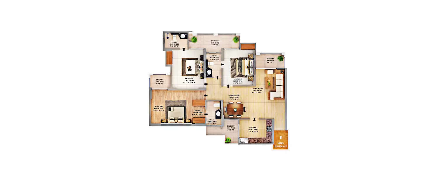 Floor plan for 3 BHK