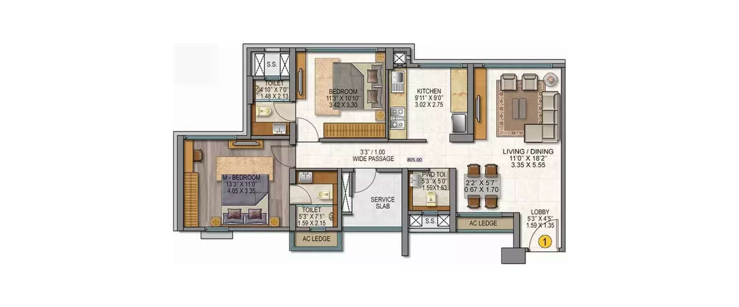 Floor plan for 2 BHK