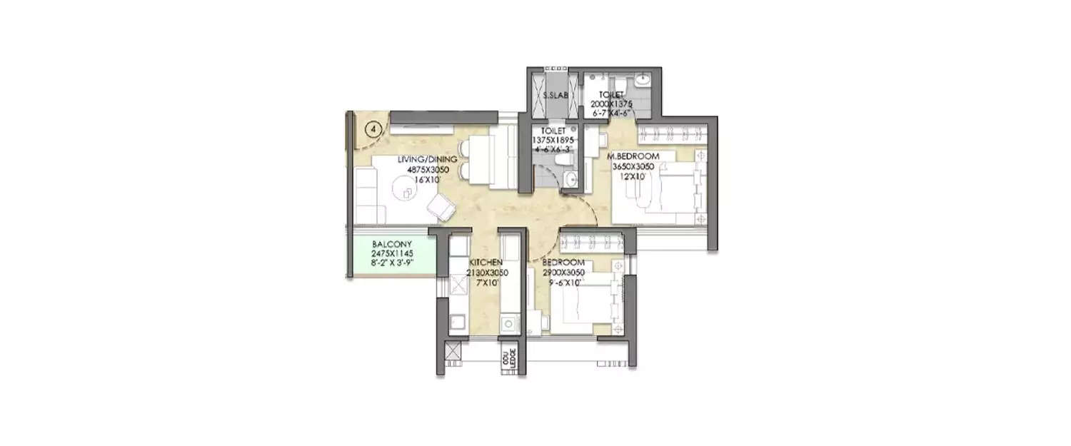 Floor plan for 2 BHK