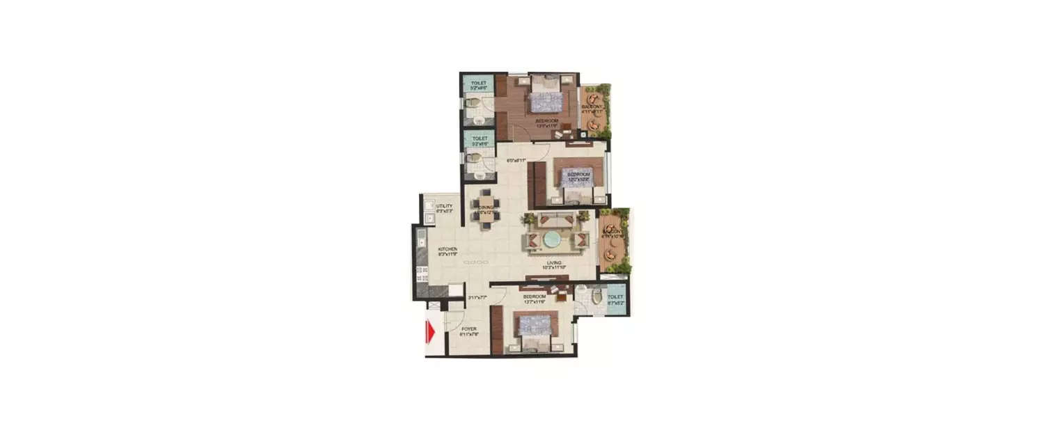 Floor plan for 3 BHK
