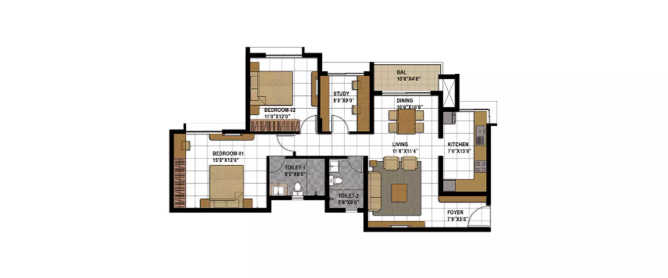 Prestige Bagamane Temple Bells Uttarahalli - Floor plan 2.5 BHK 958 Sq.ft