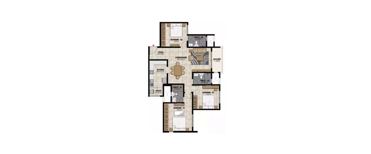 Floor plan for 3 BHK