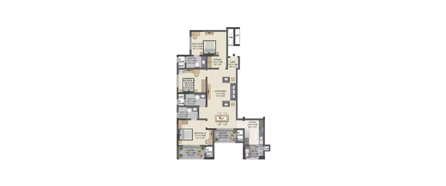 Floor plan for 3 BHK