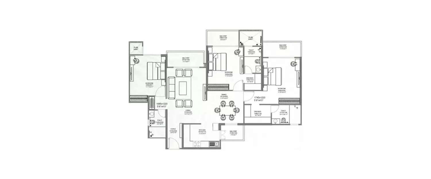 Floor plan for 3 BHK