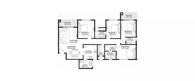 Paranjape Wind Fields Hebbal - Floor plan 4 BHK 1332 Sq.ft