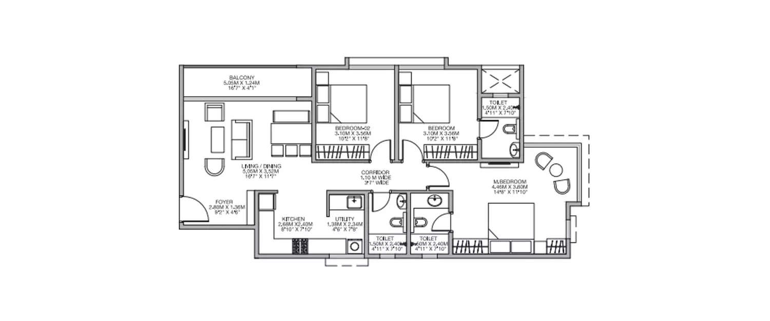 Floor plan for 3 BHK