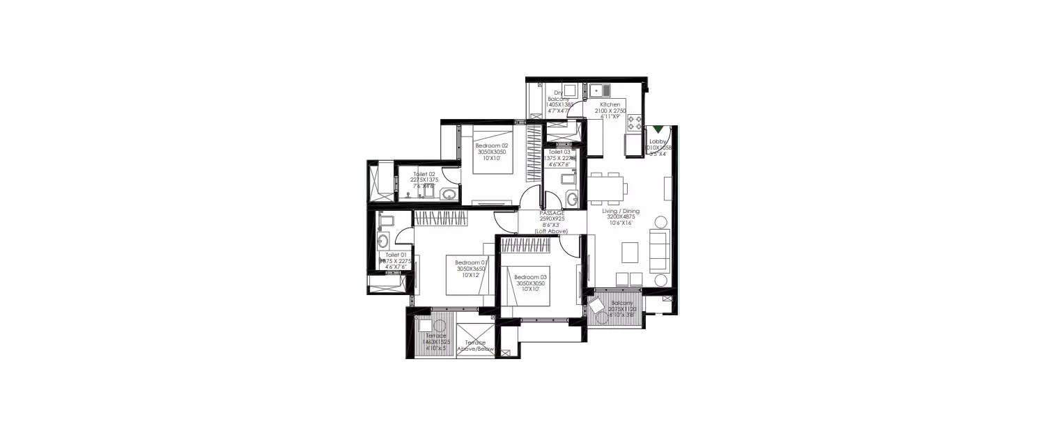 Floor plan for 3 BHK