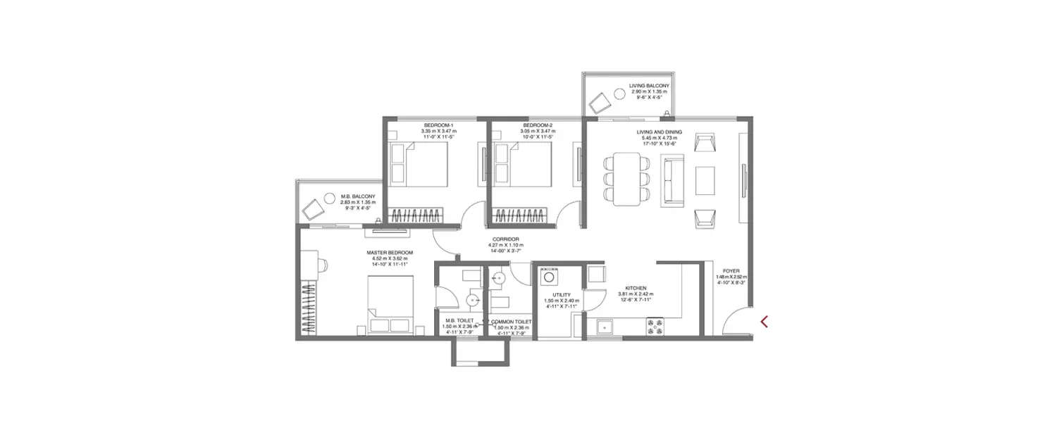 Floor plan for 3 BHK