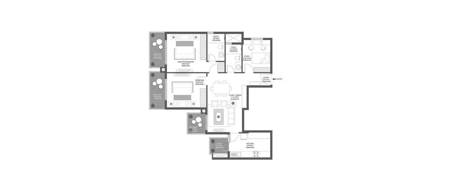 Floor plan for 3 BHK