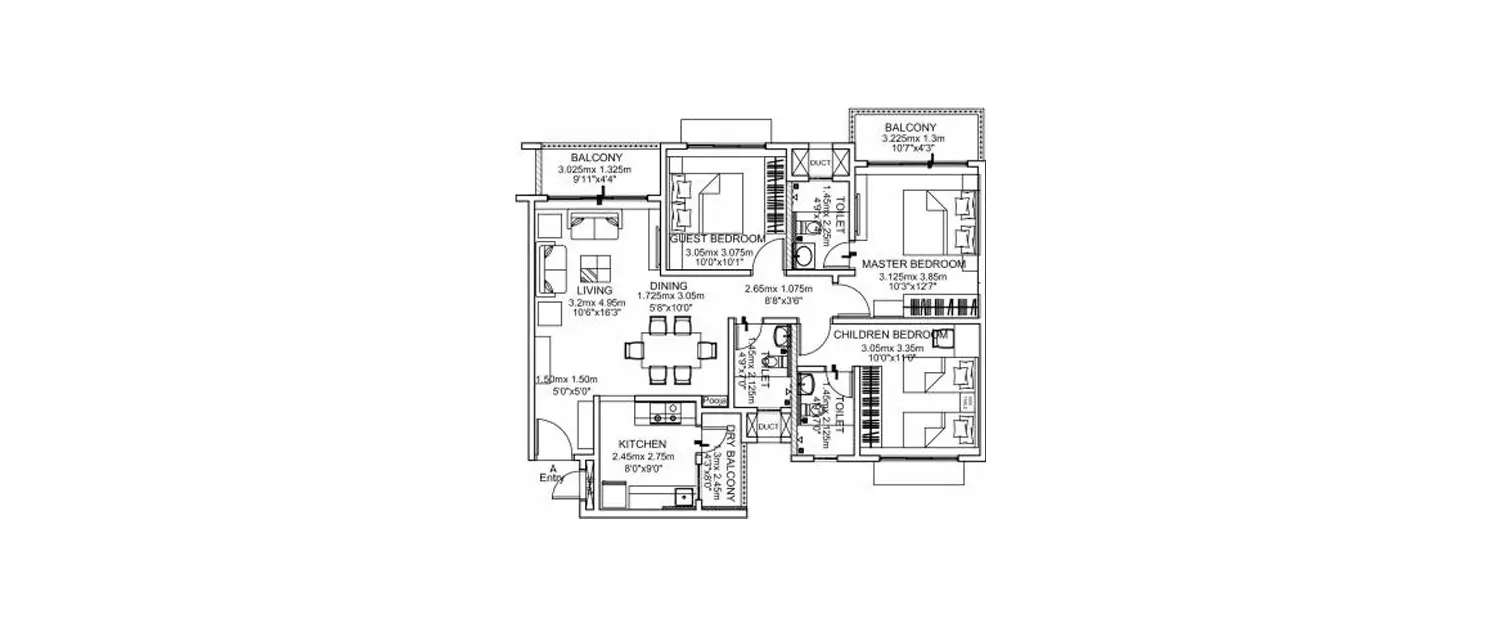 Floor plan for 3 BHK