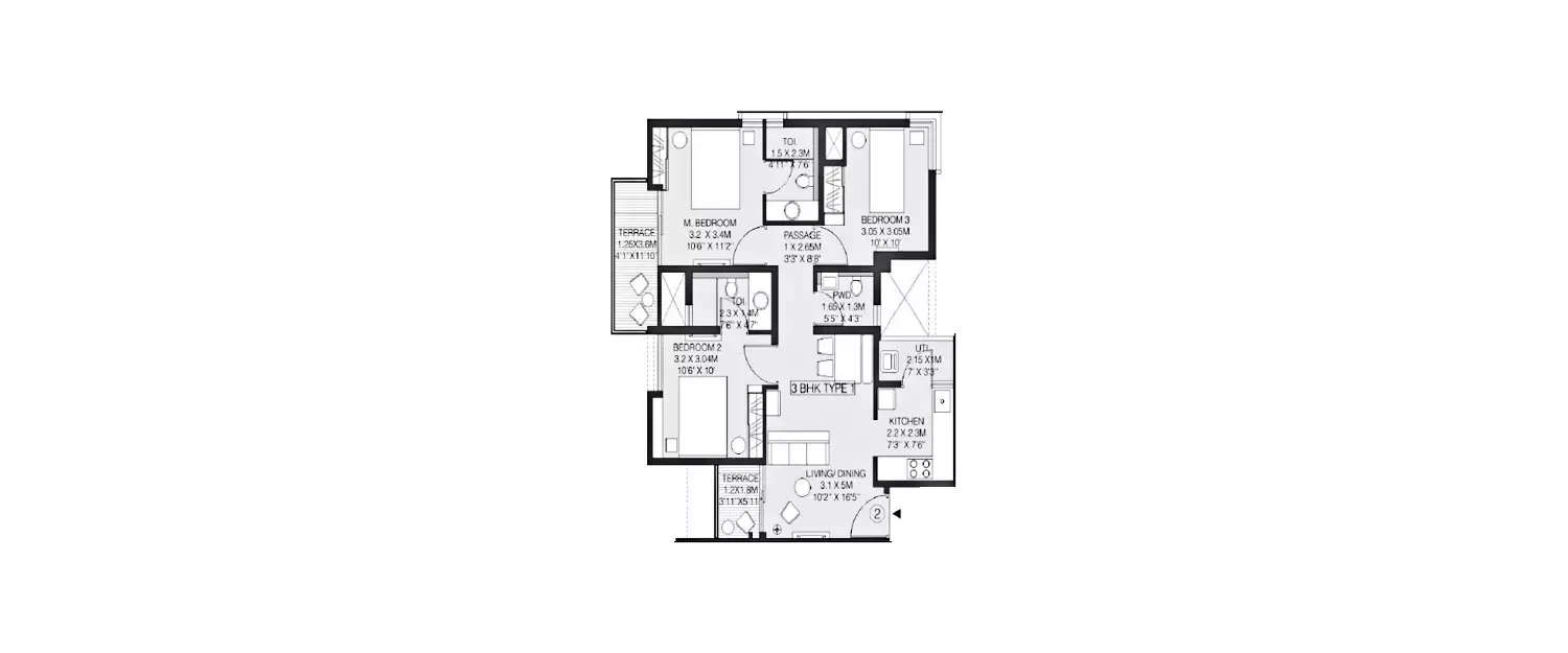 Floor plan for 3 BHK