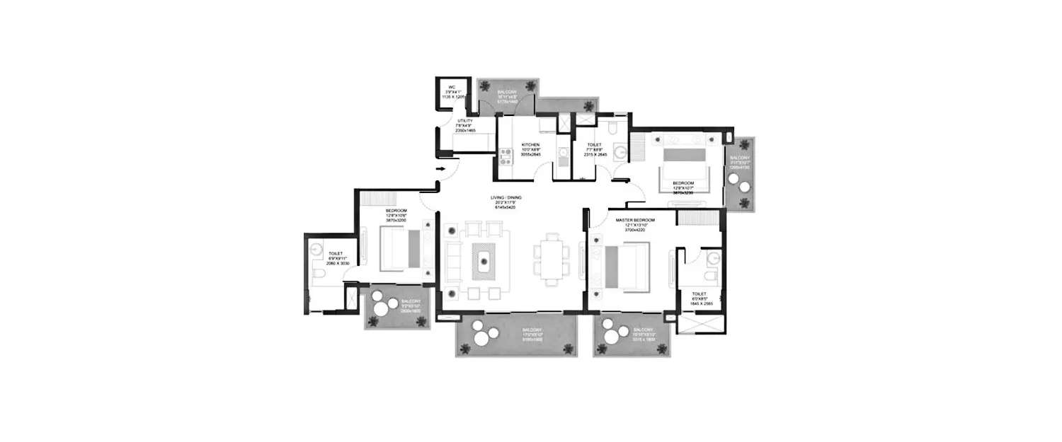 Floor plan for 3 BHK