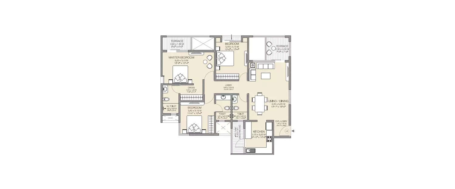 Floor plan for 3 BHK