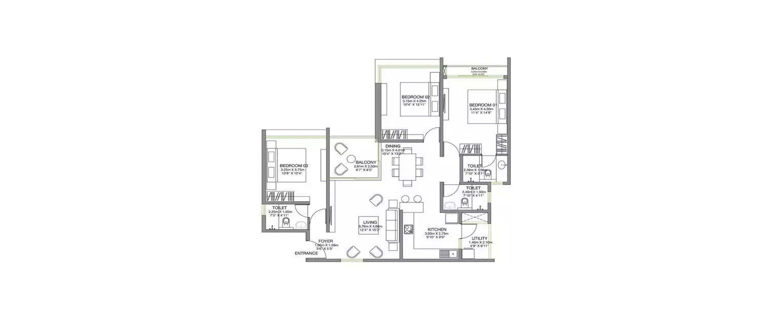 Floor plan for 3 BHK
