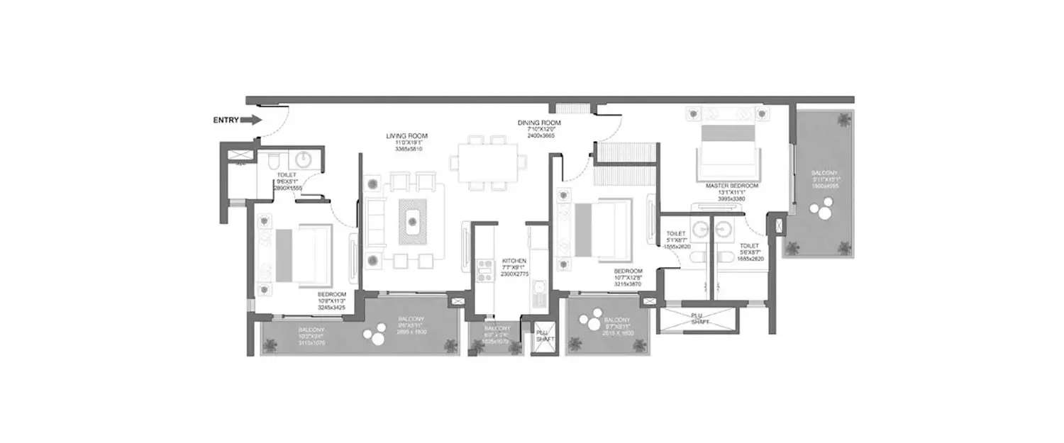 Floor plan for 3 BHK