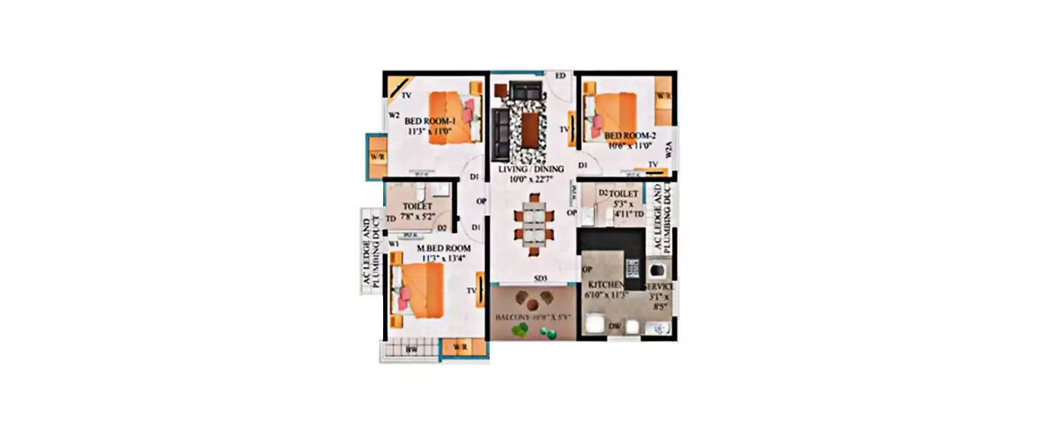 Floor plan for 3 BHK