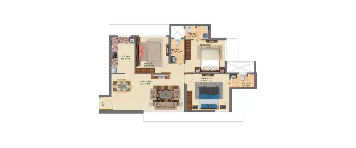 Floor plan for 3 BHK