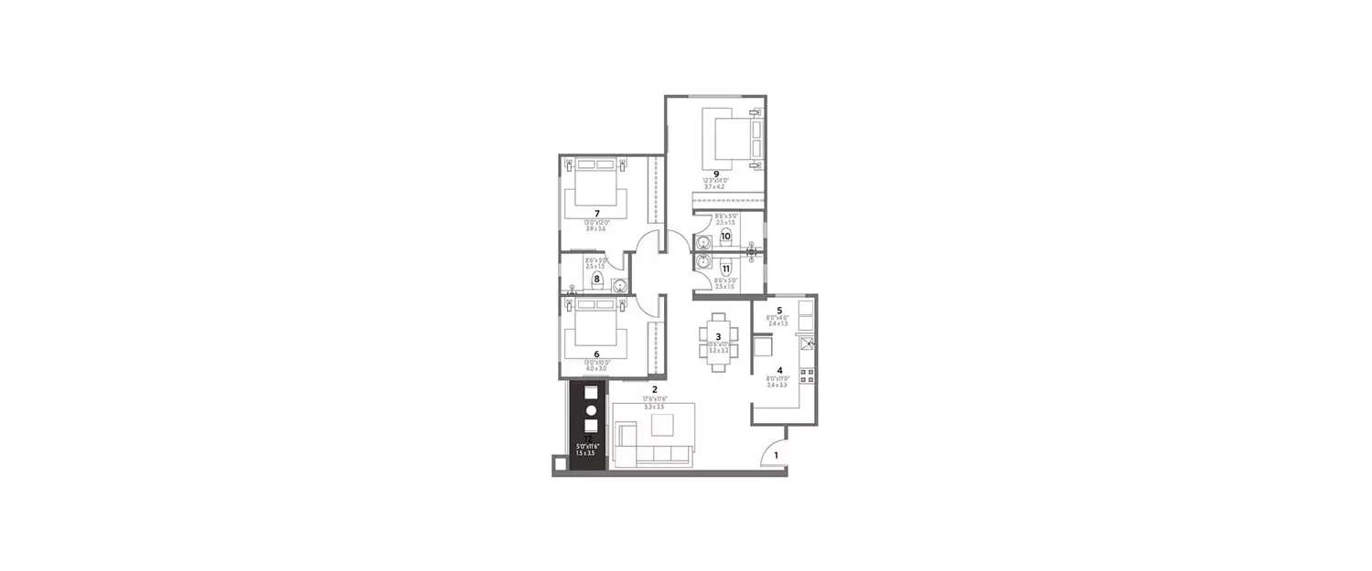 Floor plan for 3 BHK
