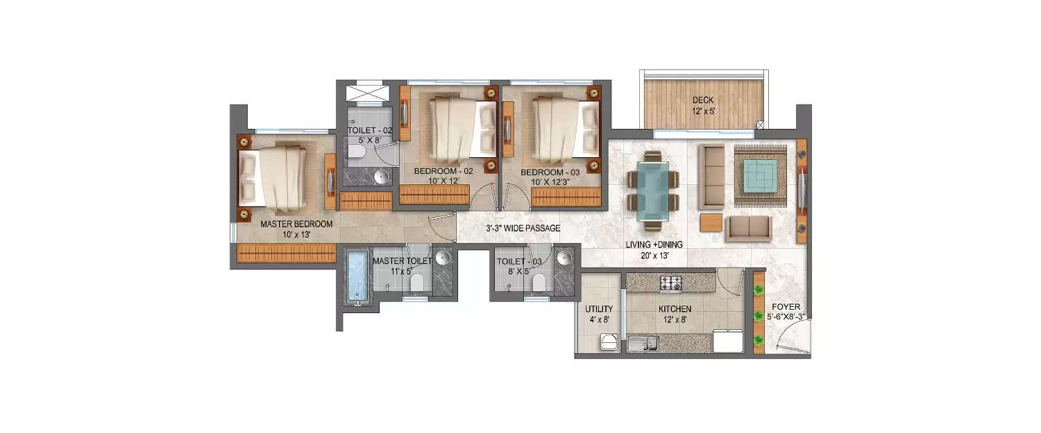 Floor plan for 3 BHK