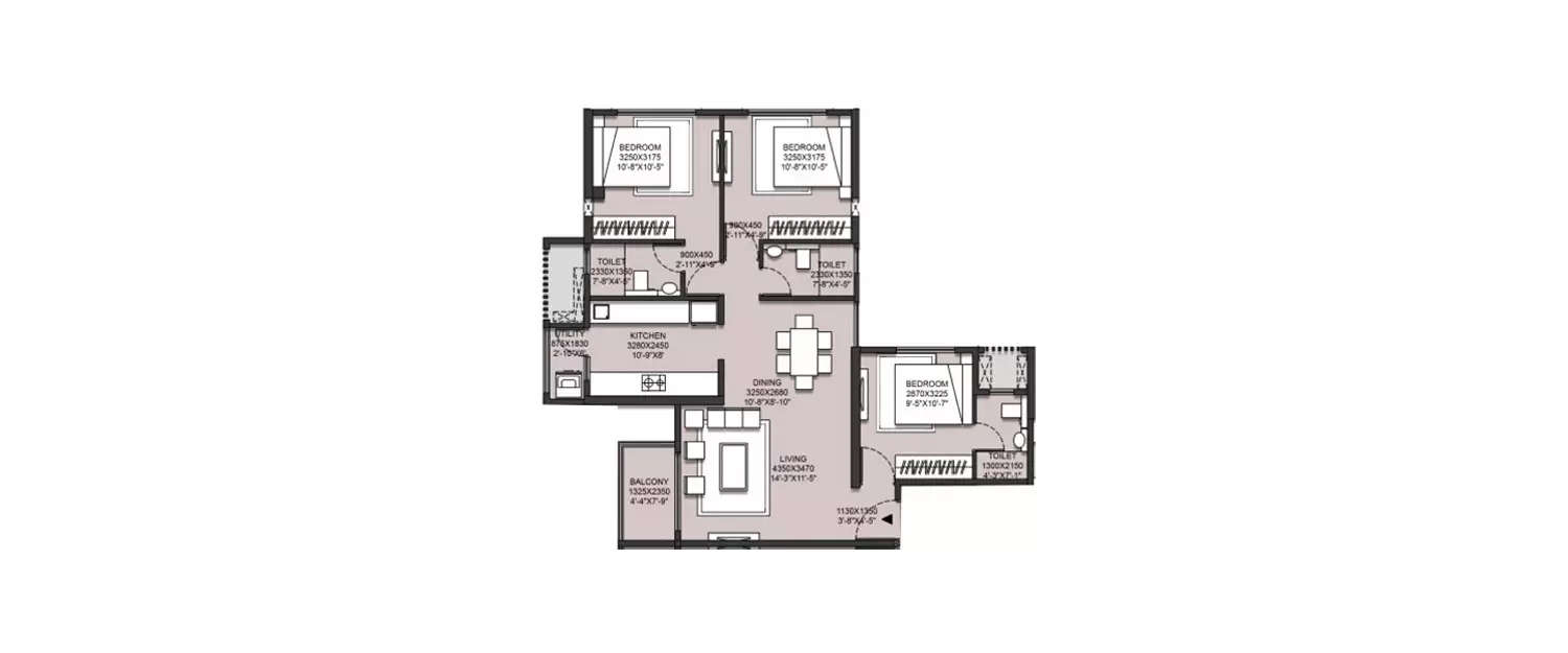Floor plan for 3 BHK