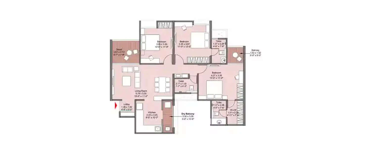 Floor plan for 3 BHK