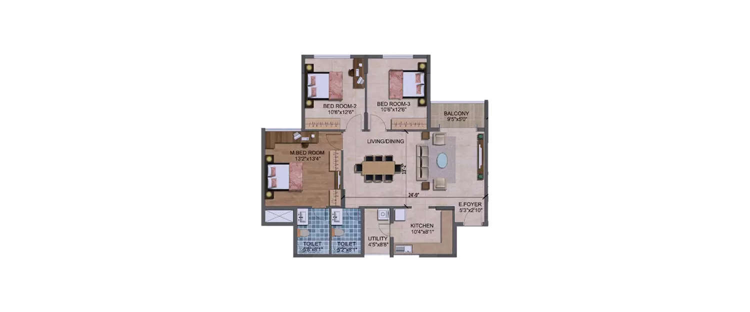 Floor plan for 3 BHK