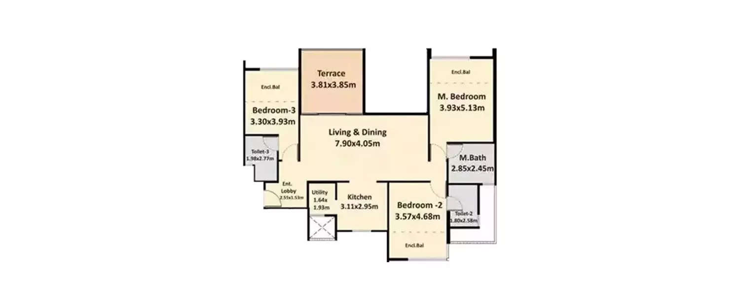 Floor plan for 3 BHK