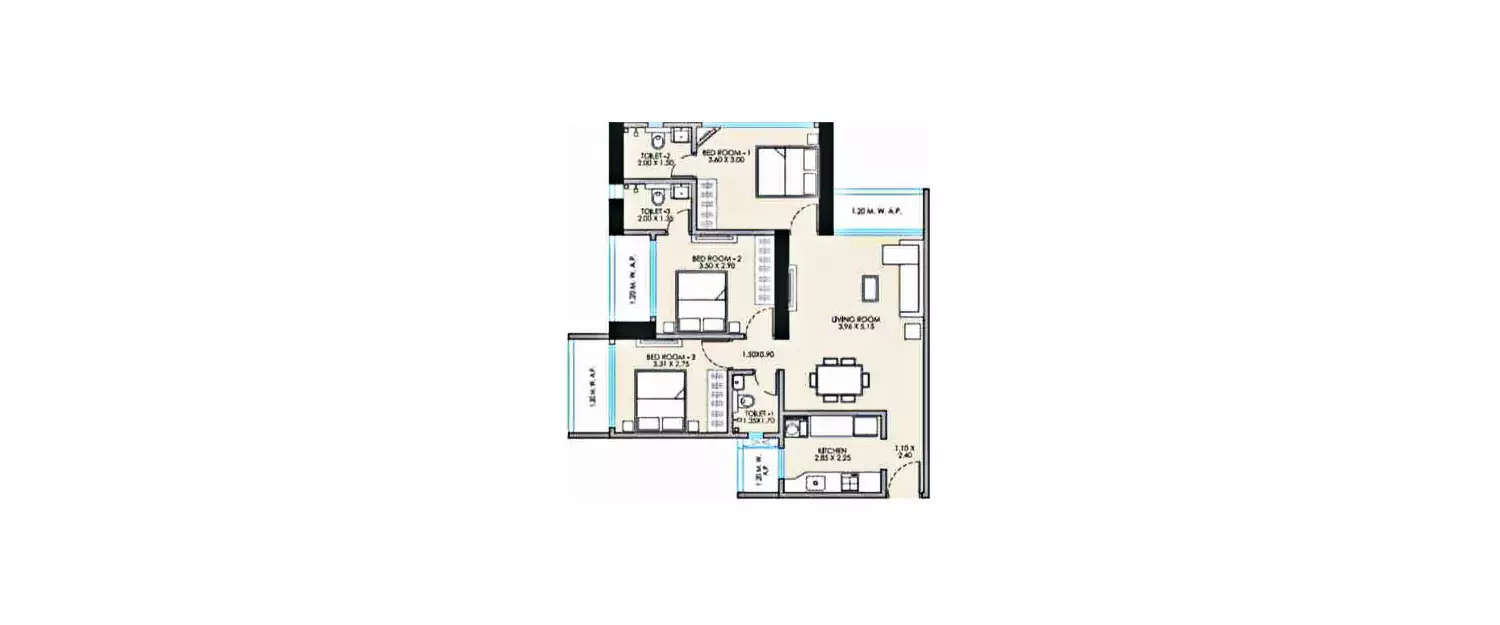 Floor plan for 3 BHK