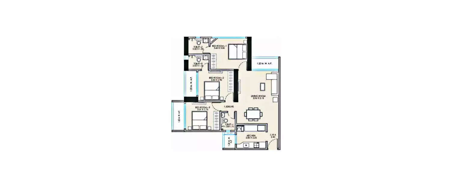 Floor plan for 3 BHK