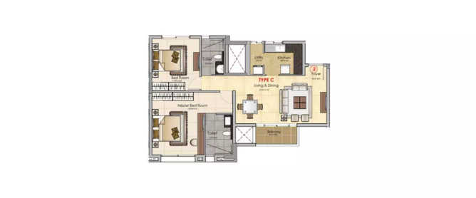 Prestige MSR Mathikere - Floor plan 2 BHK 817 Sq.ft