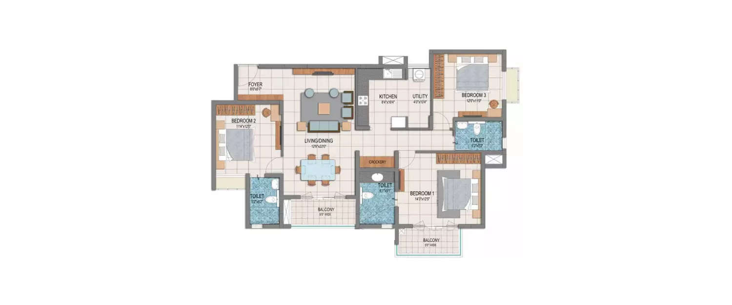 Floor plan for 3 BHK
