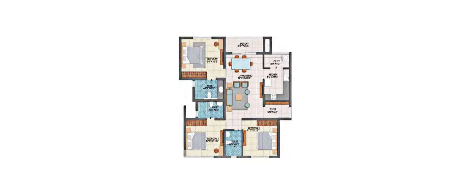 Floor plan for 3 BHK