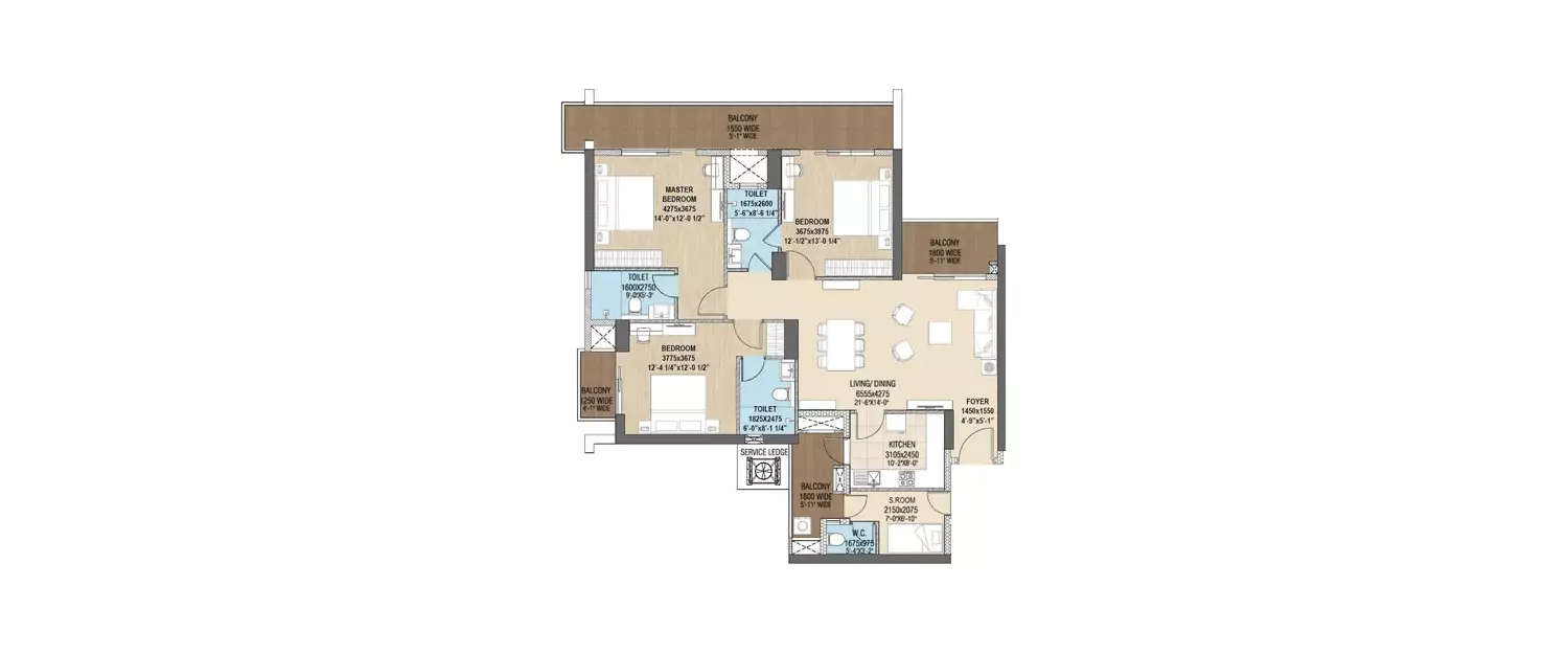 Floor plan for 3 BHK