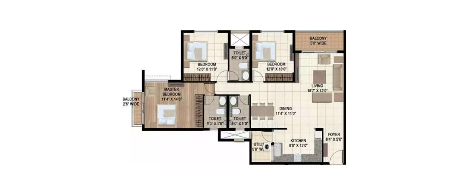 Floor plan for 3 BHK