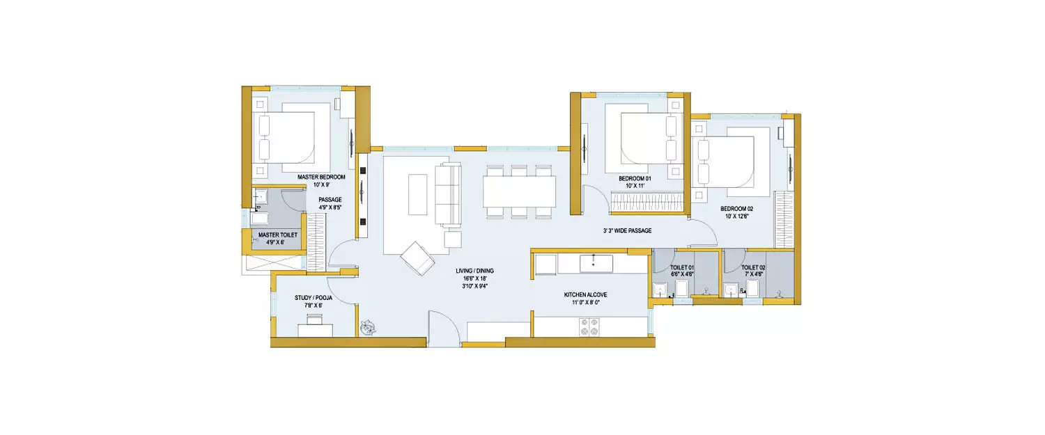 Floor plan for 3 BHK