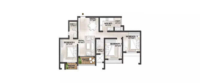 Prestige City Mulund - Floor plan 3 BHK 1053 Sq.ft