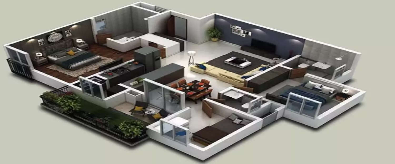 Floor plan for 3 BHK