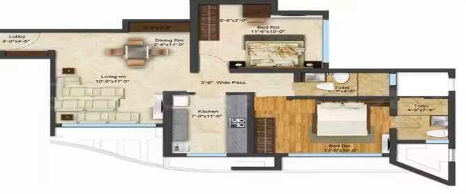 Acme Ozone Ghodbunder Road - Floor plan 2 BHK 674 Sq.ft