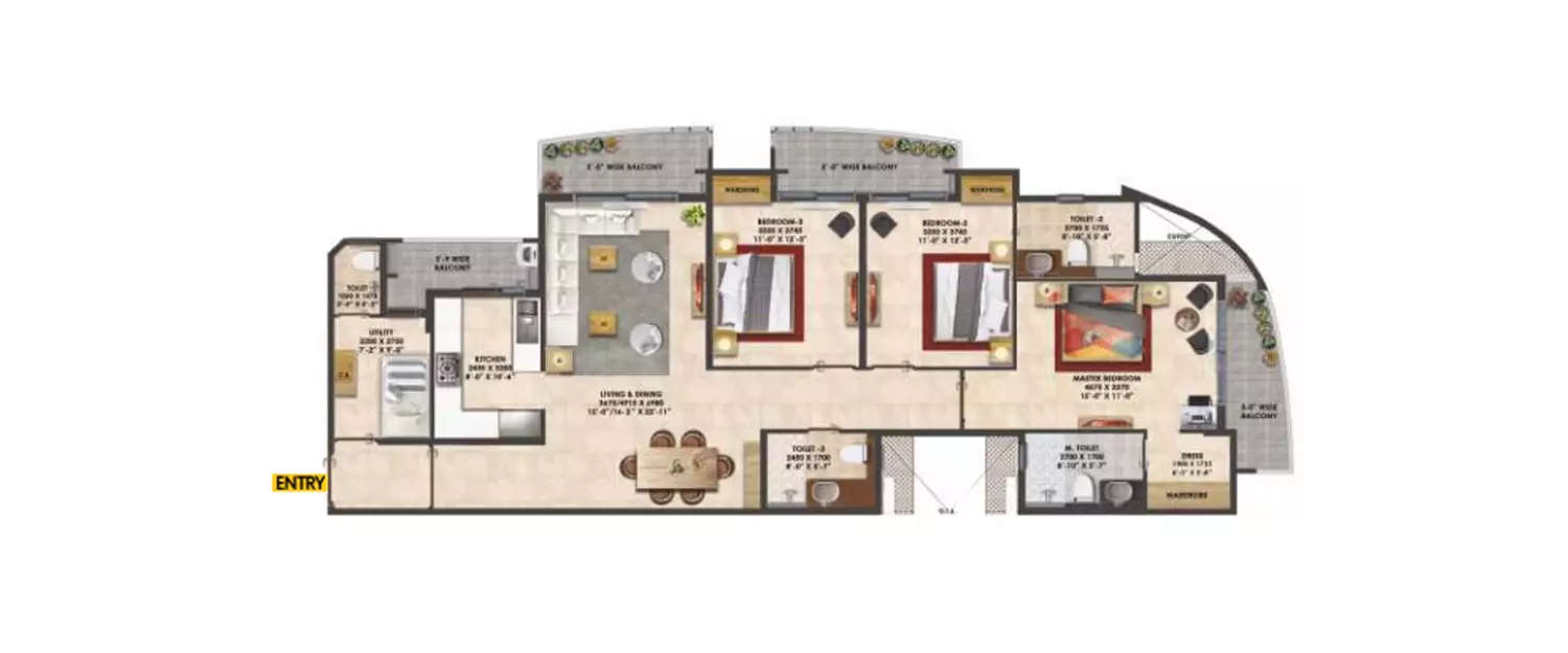 Floor plan for 3 BHK