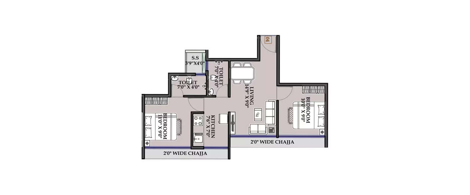 Floor plan for 2 BHK