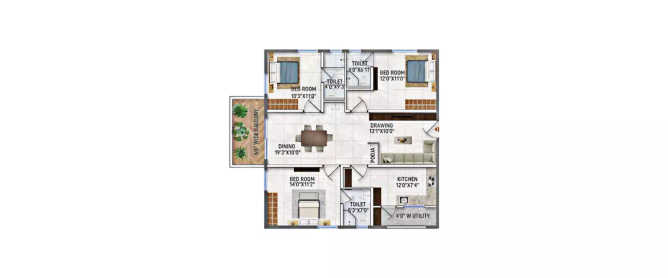 Primark Inspira Miyapur - Floor plan 3 BHK 1025 Sq.ft