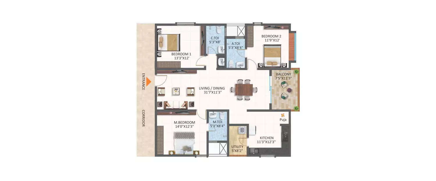 Floor plan for 3 BHK