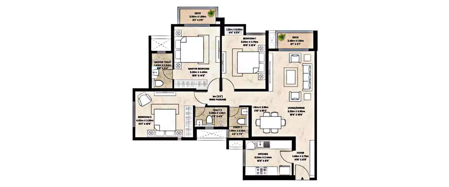 Floor plan for 3 BHK