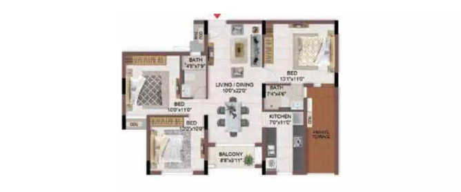 Casagrand Flagship Pallikaranai - Floor plan 3 BHK 1574 Sq.ft