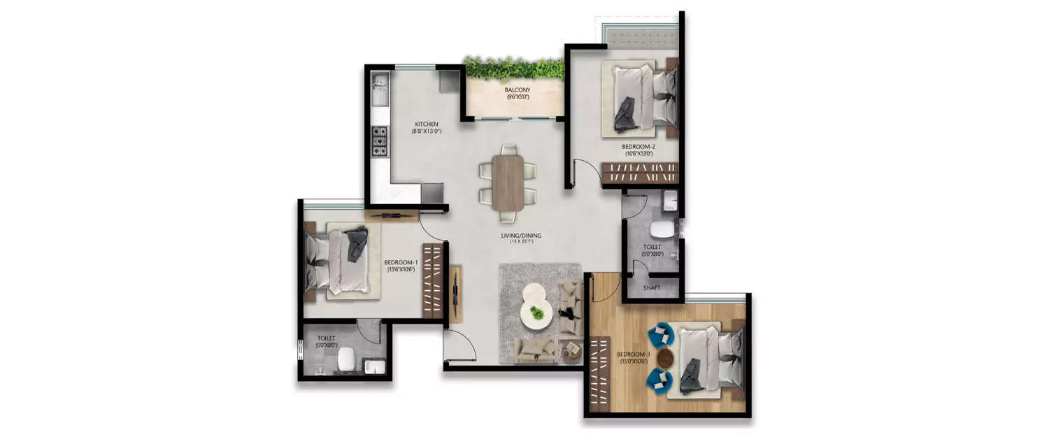Floor plan for 3 BHK