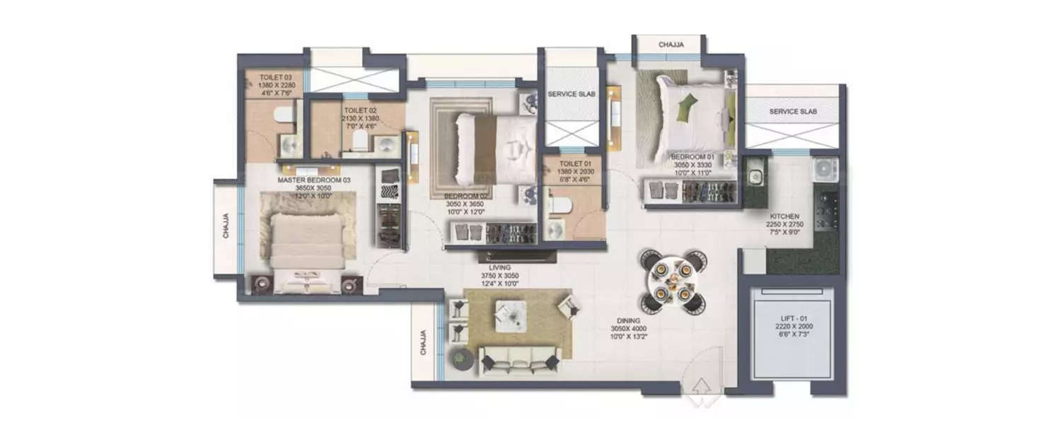 Floor plan for 3 BHK